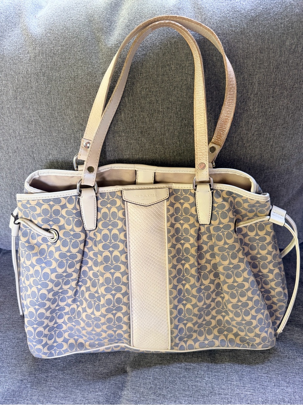 Vintage Coach Blue and Cream Signature Canvas Shoulder Tote